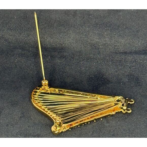 Vintage Monet Gold Tone Swarovski Crystal Filigree Harp Brooch Pin - Picture 2 of 3